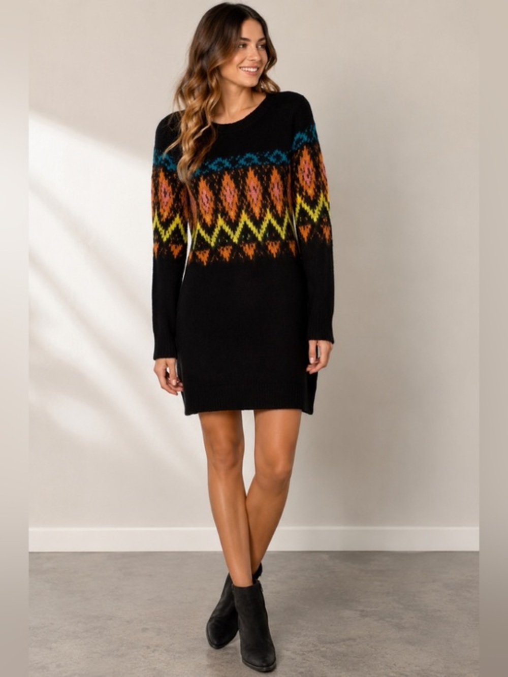 Rewind Sweater Dress XS Black Fair Isle Geometric Knit Boho Long Sleeve NWT